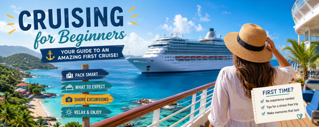 First-time cruiser enjoying ocean views from a cruise ship balcony overlooking a tropical Caribbean port