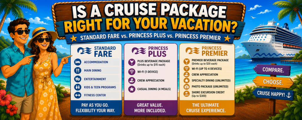 Princess Cruises comparison showing Standard Fare, Princess Plus, and Princess Premier packages with included benefits.