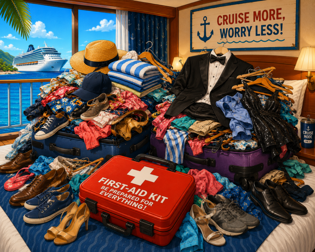 Overpacked cruise suitcases filled with clothes, shoes, and unnecessary items in a cruise cabin.