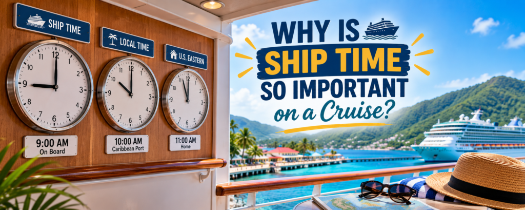 Clocks showing ship time and local time on a Caribbean cruise